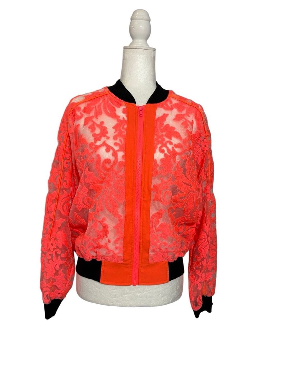 C/MEO Collective hot pink lace bomber jacket with black trim - M